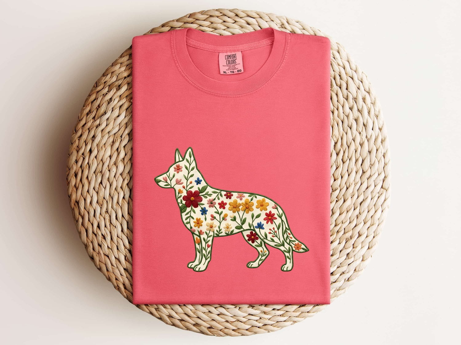 German Shepherd Shirt for Women – Folk Floral Embroidery Botanical Puppy Graphic Tee
