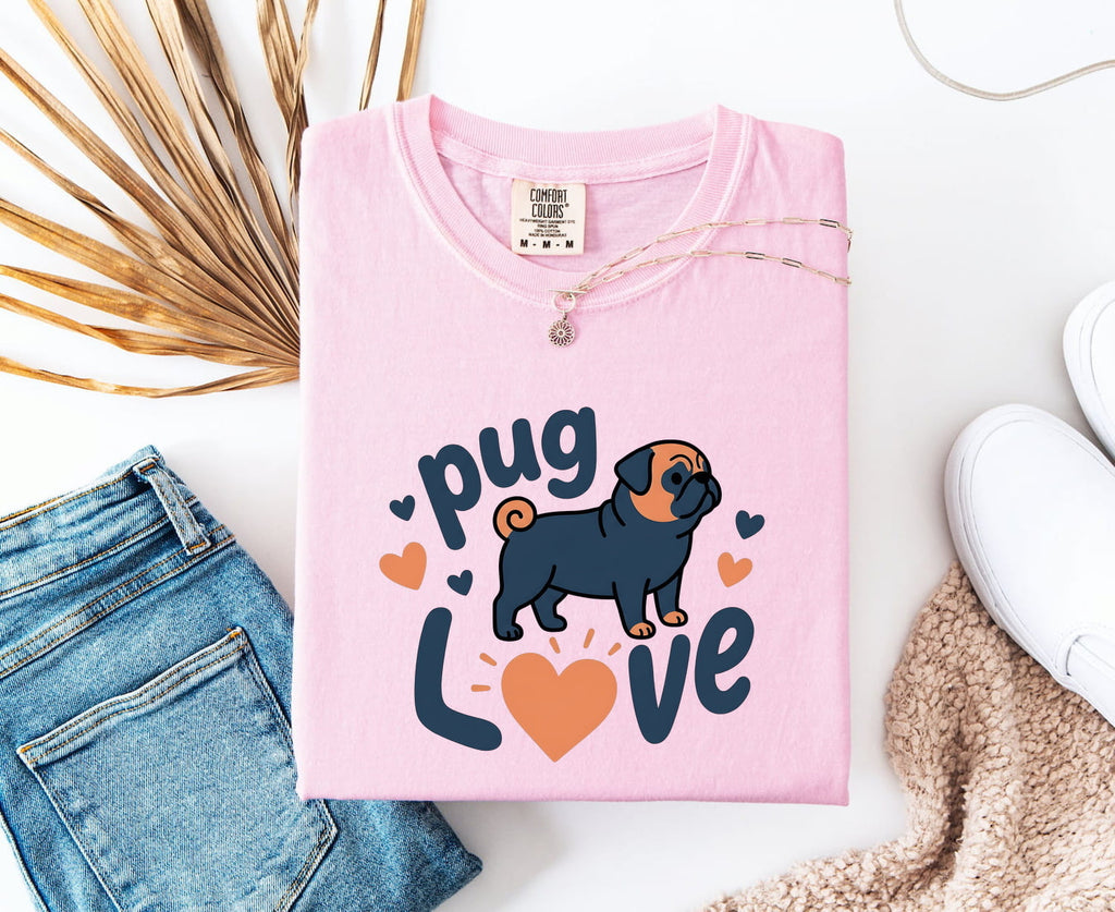 Pug Shirt for Women – Romantic Line Art Illustration Fauna Animal Icons Graphic Tee