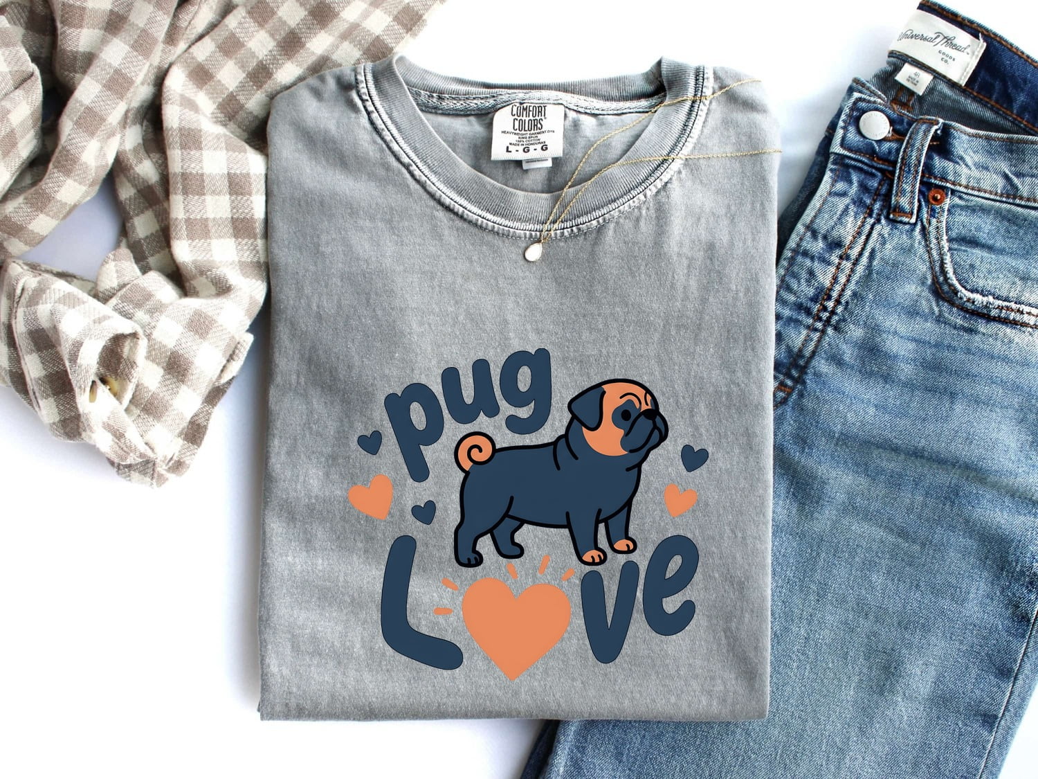 Pug Shirt for Women – Romantic Line Art Illustration Fauna Animal Icons Graphic Tee