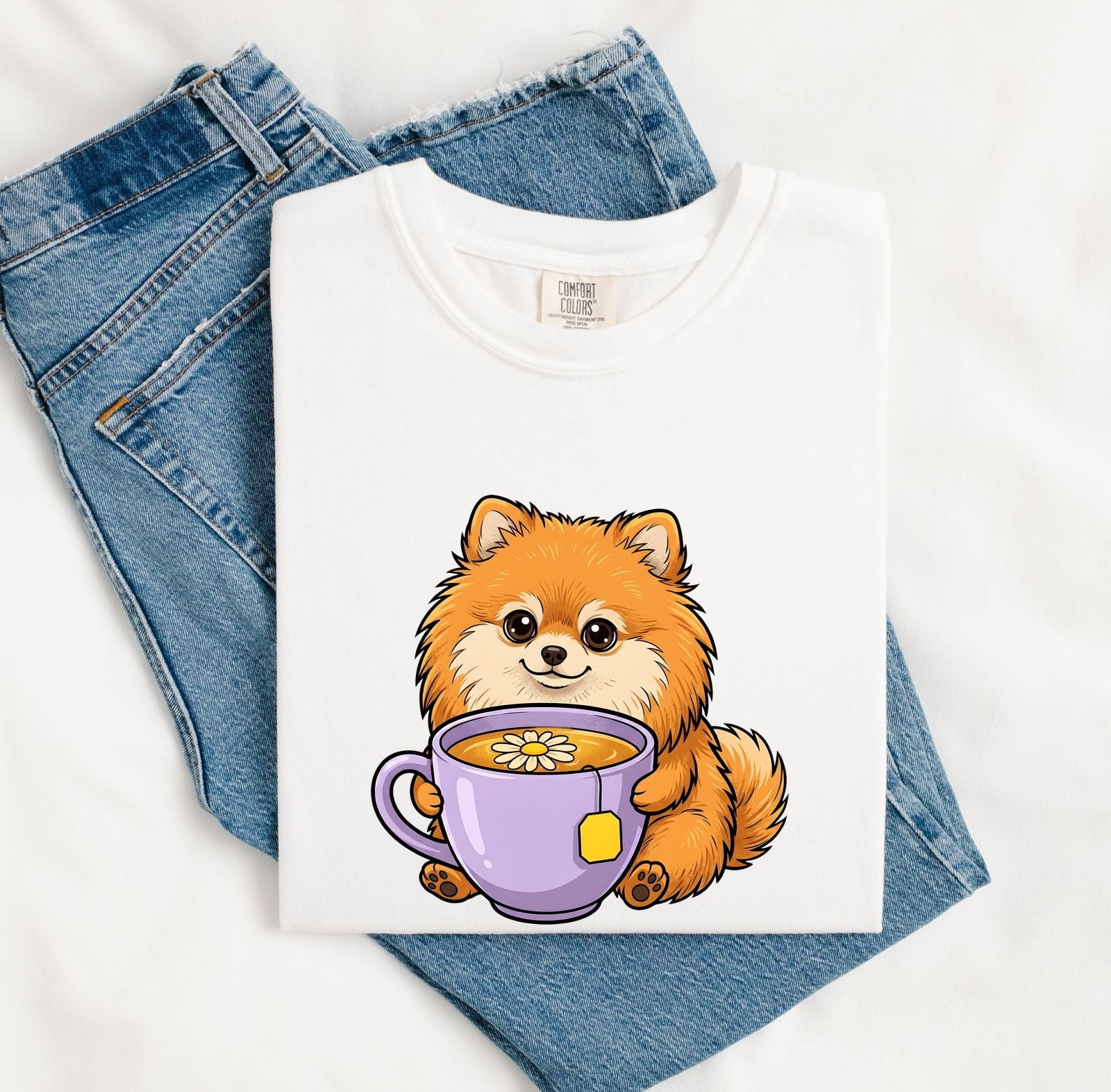Pomeranian Shirt for Women – Kawaii Comic Coffee Teacup Cartoon Puppy Graphic Tee