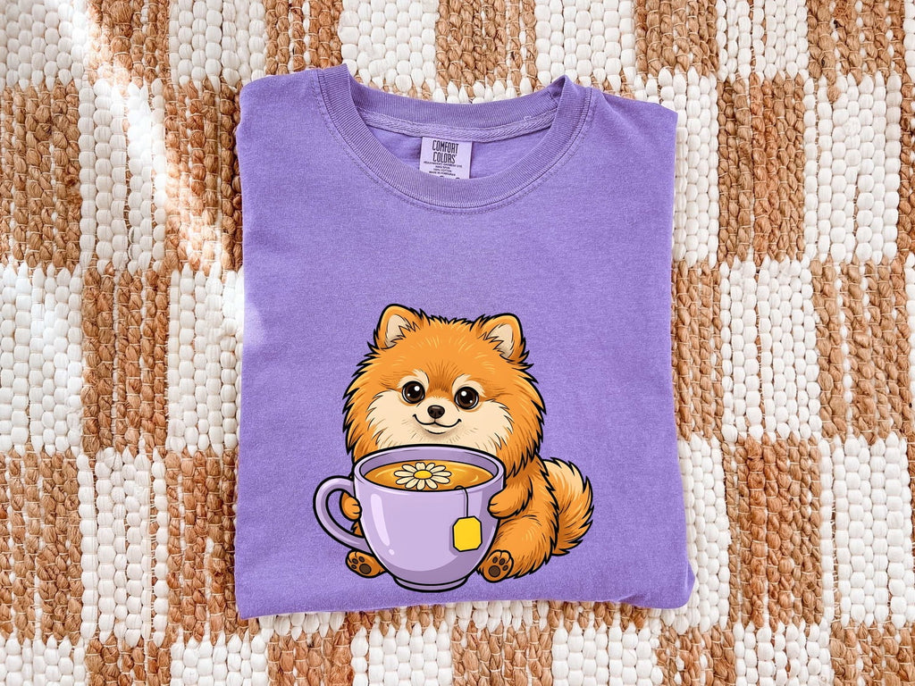 Pomeranian Shirt for Women – Kawaii Comic Coffee Teacup Cartoon Puppy Graphic Tee