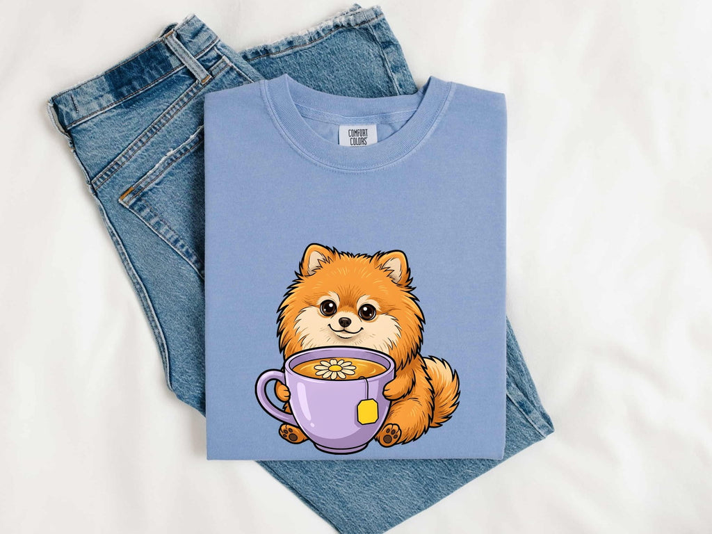 Pomeranian Shirt for Women – Kawaii Comic Coffee Teacup Cartoon Puppy Graphic Tee