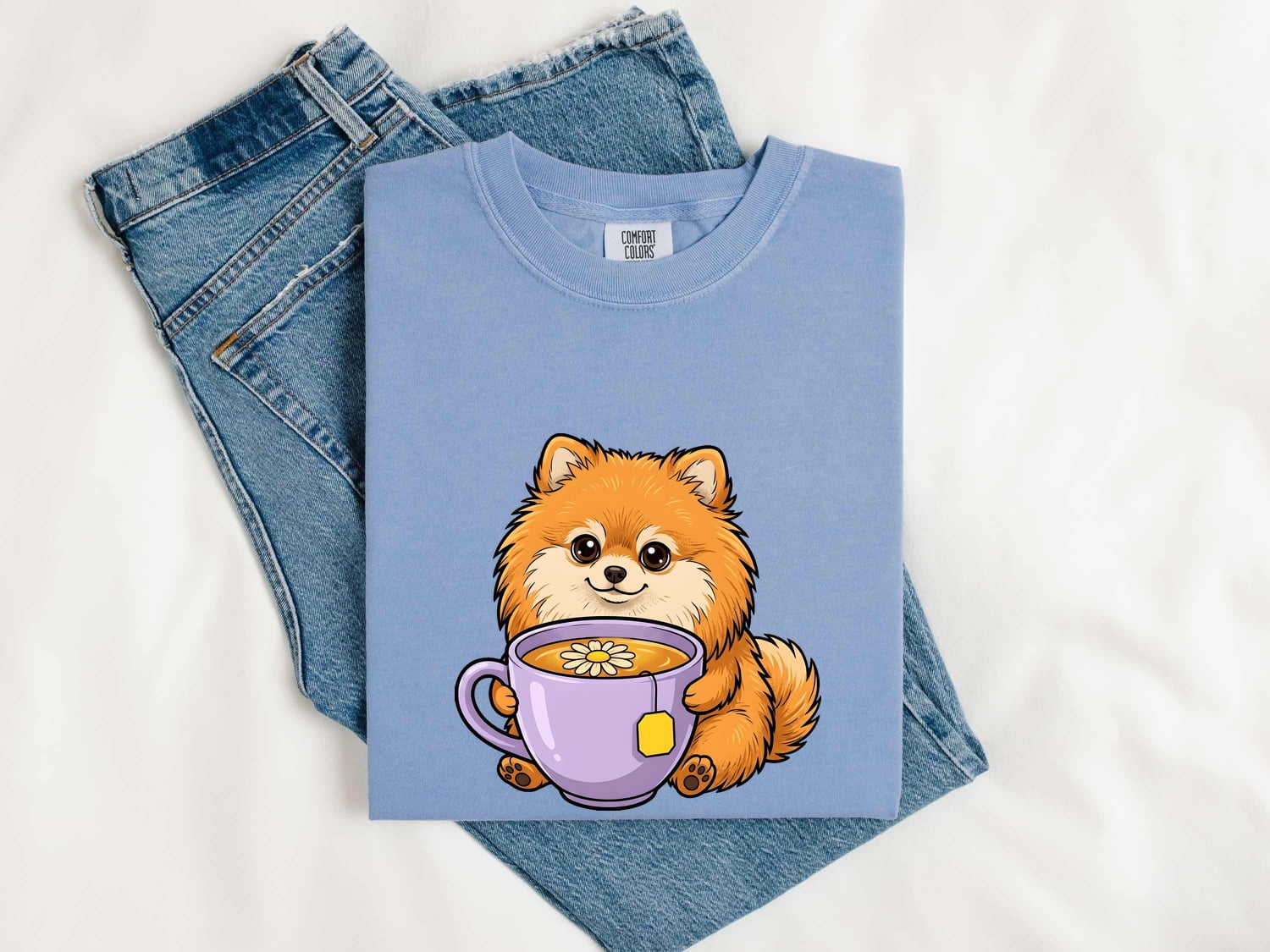 Pomeranian Shirt for Women – Kawaii Comic Coffee Teacup Cartoon Puppy Graphic Tee