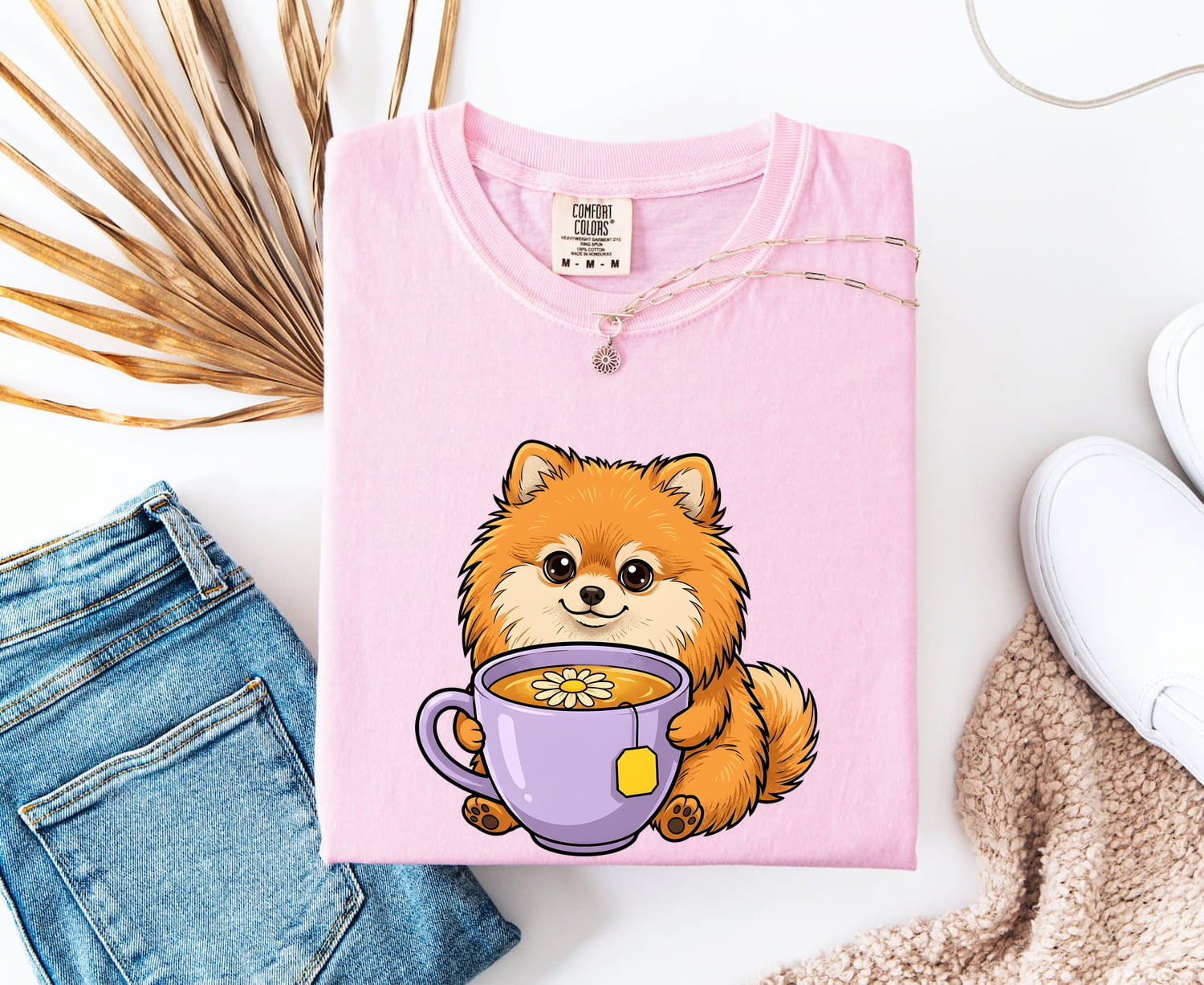 Pomeranian Shirt for Women – Kawaii Comic Coffee Teacup Cartoon Puppy Graphic Tee
