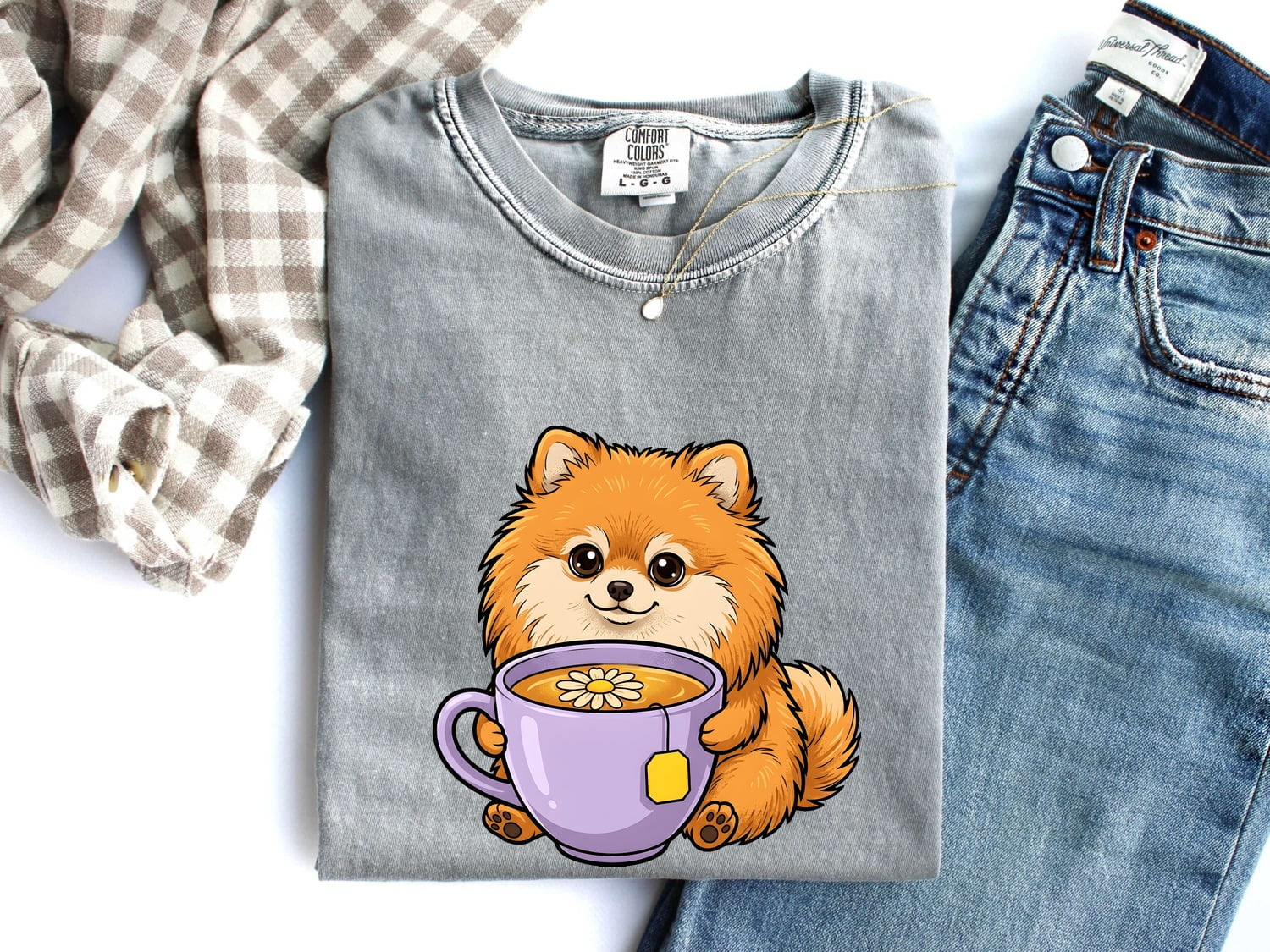 Pomeranian Shirt for Women – Kawaii Comic Coffee Teacup Cartoon Puppy Graphic Tee