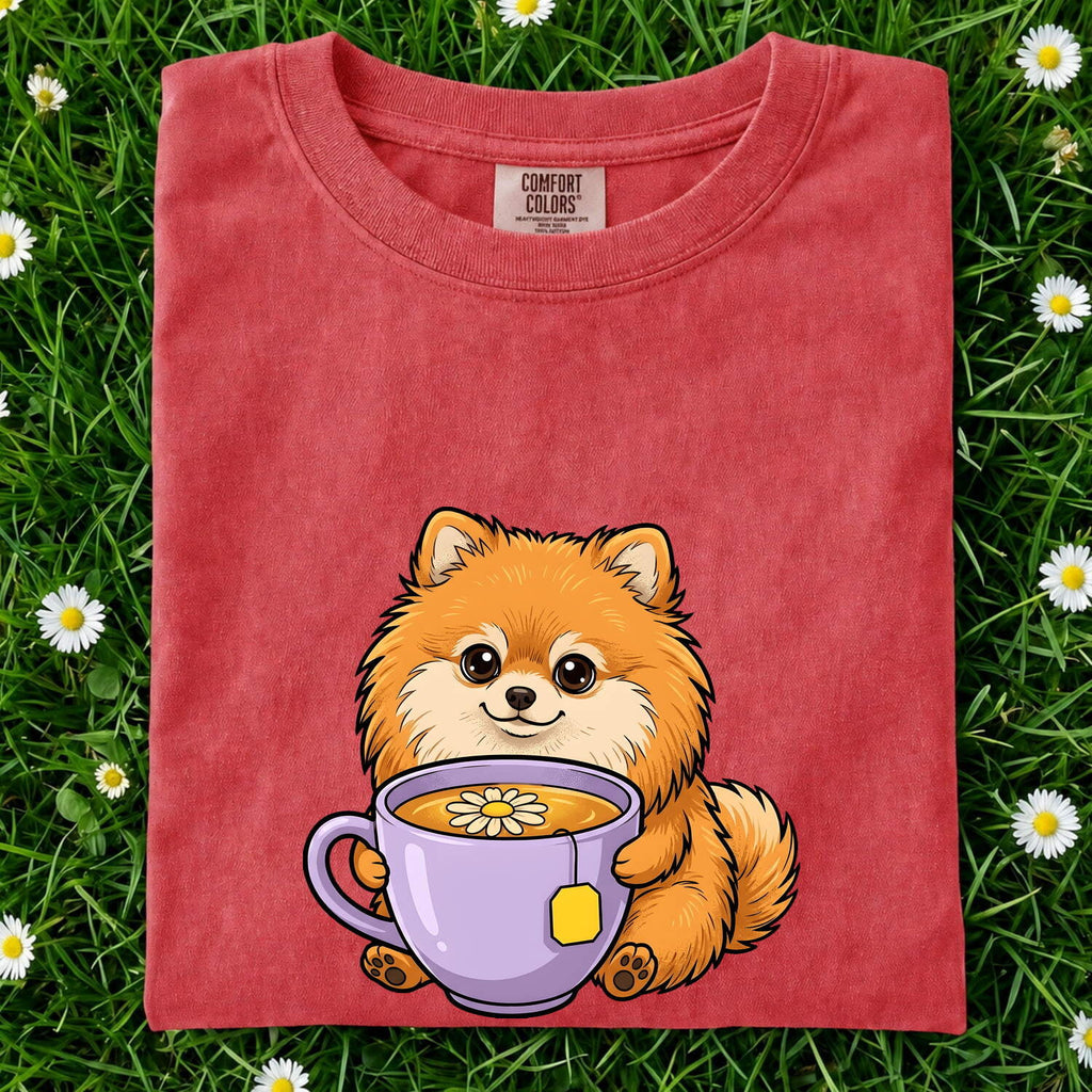 Pomeranian Shirt for Women – Kawaii Comic Coffee Teacup Cartoon Puppy Graphic Tee
