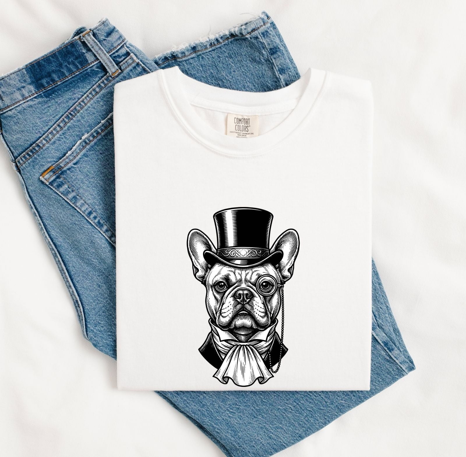 French Bulldog Shirt for Women – Funny Cartoon Top Hat Wildlife Sketch Dog Graphic Tee