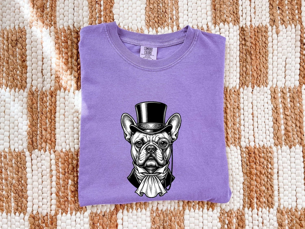 French Bulldog Shirt for Women – Funny Cartoon Top Hat Wildlife Sketch Dog Graphic Tee