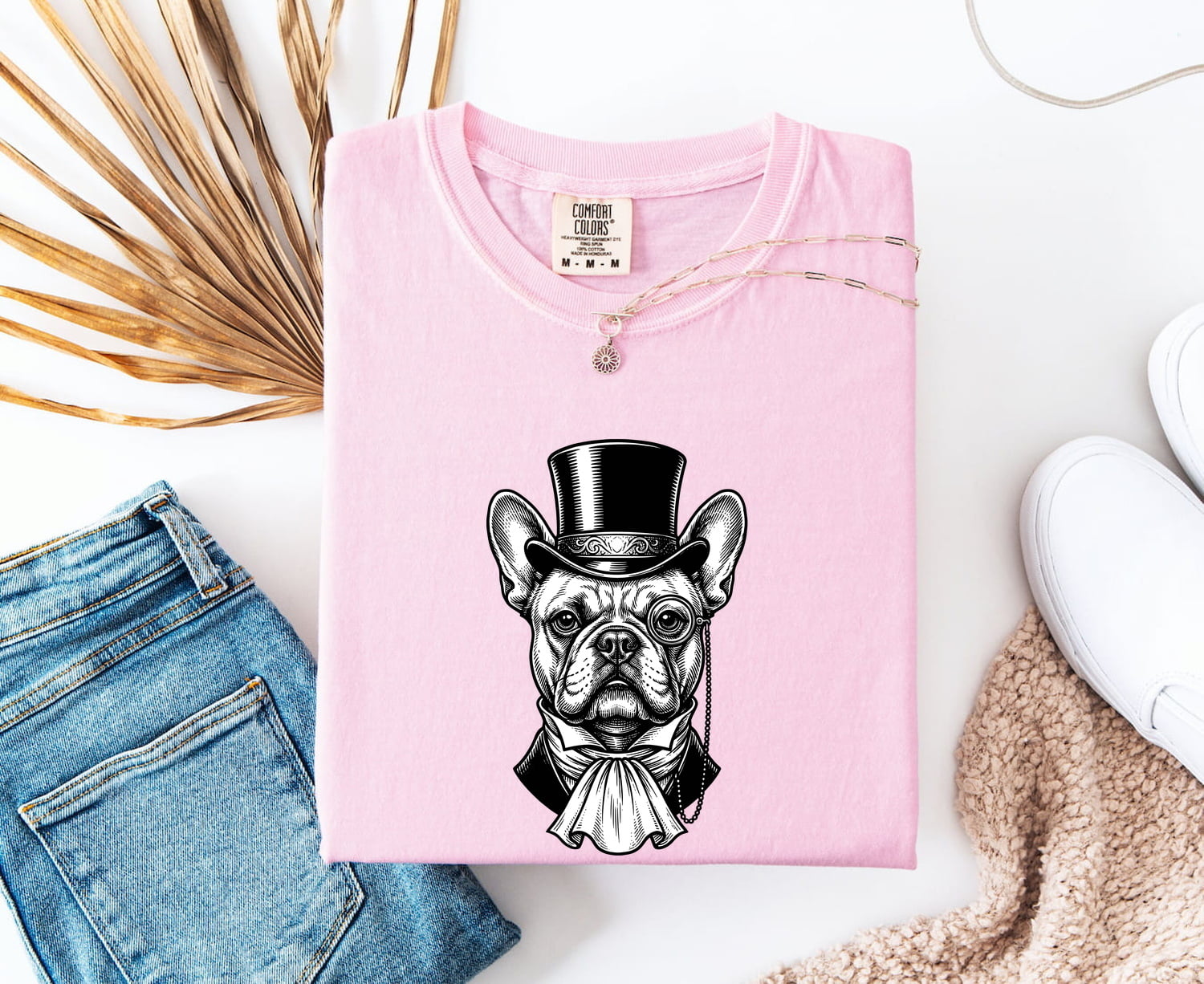 French Bulldog Shirt for Women – Funny Cartoon Top Hat Wildlife Sketch Dog Graphic Tee