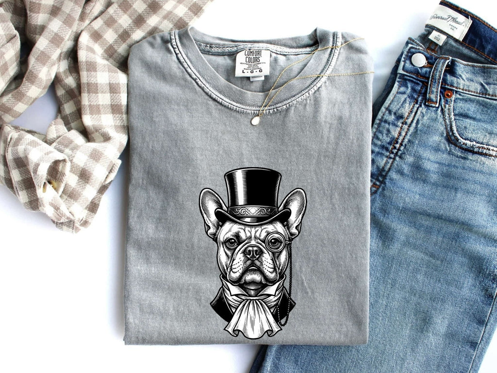French Bulldog Shirt for Women – Funny Cartoon Top Hat Wildlife Sketch Dog Graphic Tee