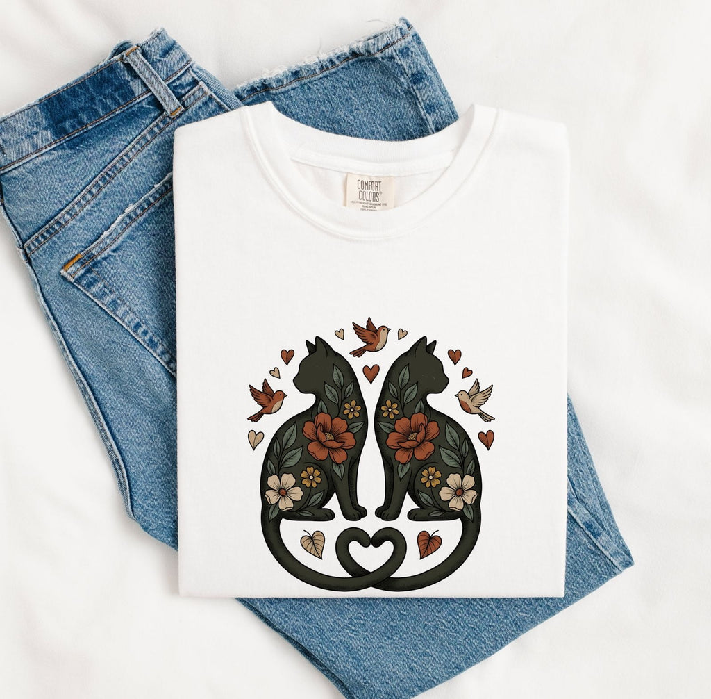 Garden Cats Shirt for Women – Ethnic Eco Classic Small Bird Feline Graphic Tee