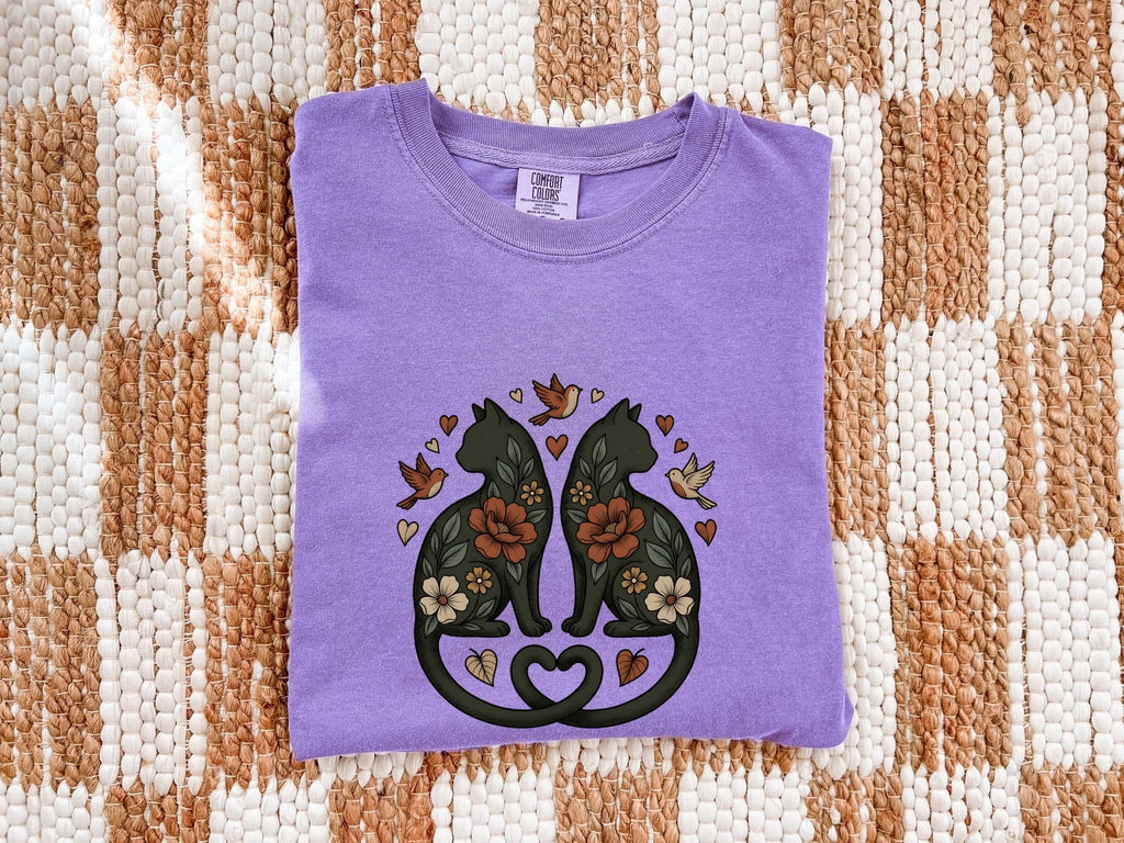 Garden Cats Shirt for Women – Ethnic Eco Classic Small Bird Feline Graphic Tee