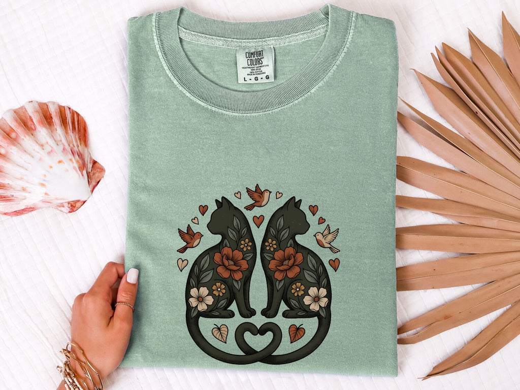 Garden Cats Shirt for Women – Ethnic Eco Classic Small Bird Feline Graphic Tee