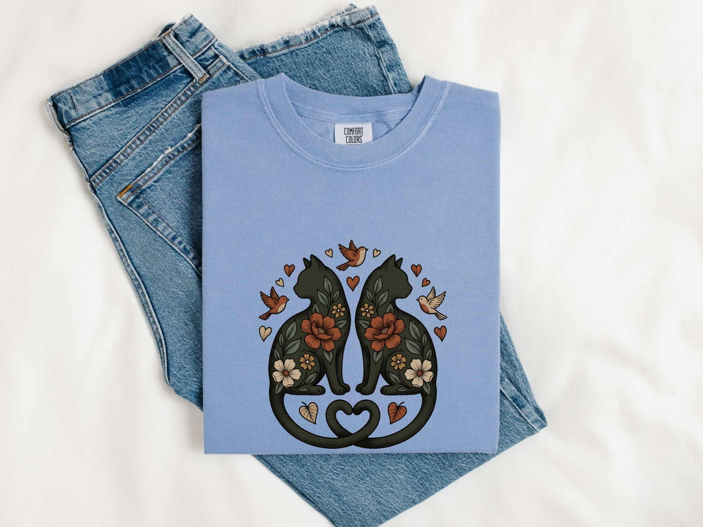 Garden Cats Shirt for Women – Ethnic Eco Classic Small Bird Feline Graphic Tee