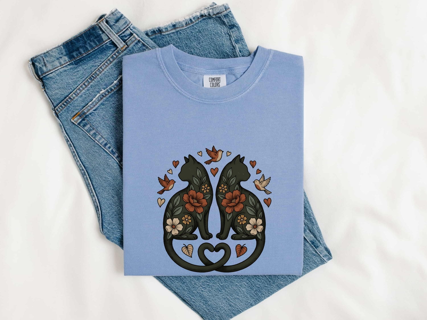 Garden Cats Shirt for Women – Ethnic Eco Classic Small Bird Feline Graphic Tee