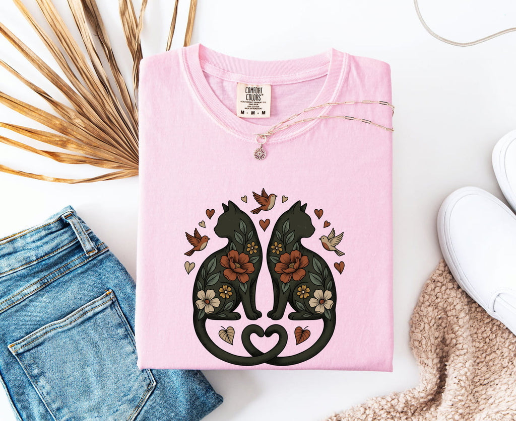 Garden Cats Shirt for Women – Ethnic Eco Classic Small Bird Feline Graphic Tee