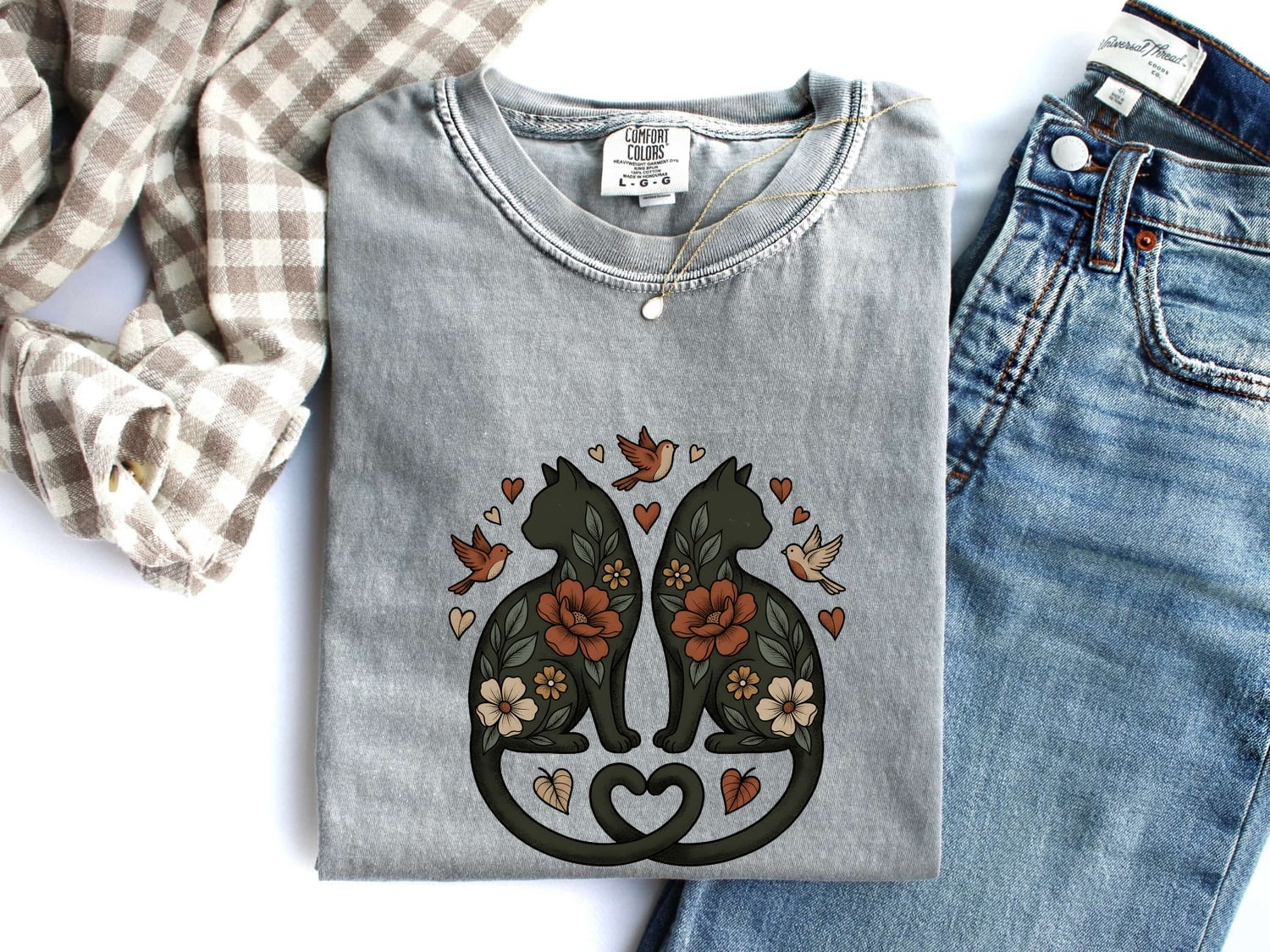 Garden Cats Shirt for Women – Ethnic Eco Classic Small Bird Feline Graphic Tee