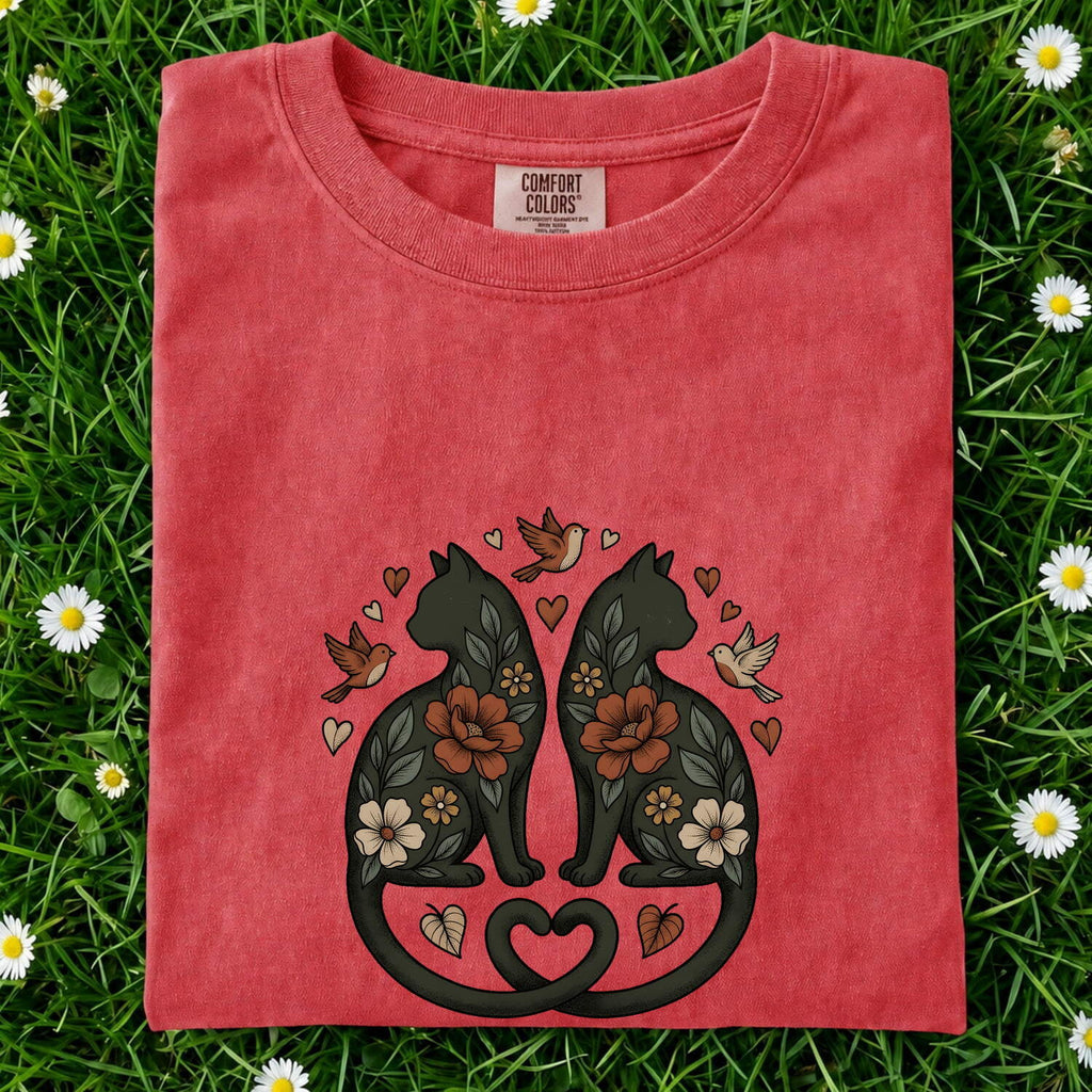 Garden Cats Shirt for Women – Ethnic Eco Classic Small Bird Feline Graphic Tee