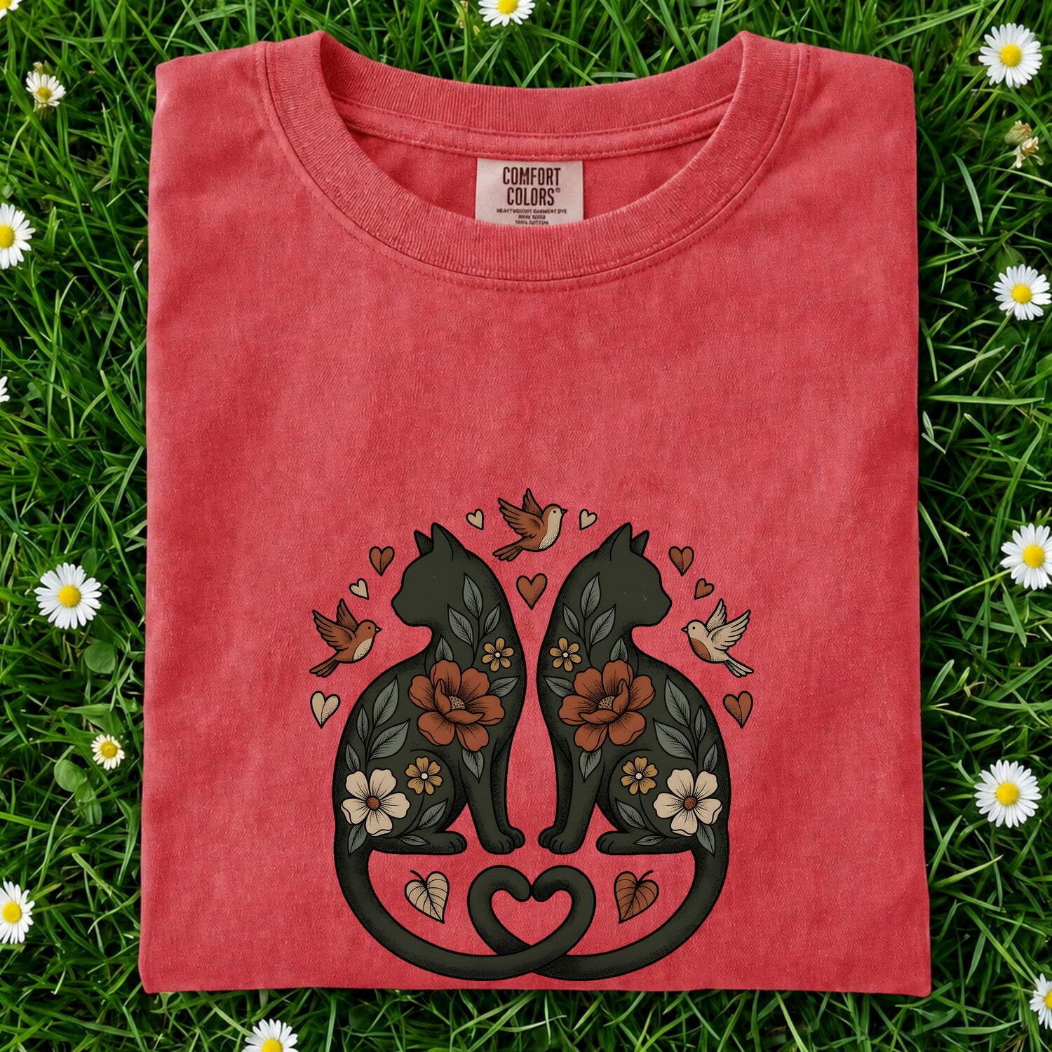 Garden Cats Shirt for Women – Ethnic Eco Classic Small Bird Feline Graphic Tee