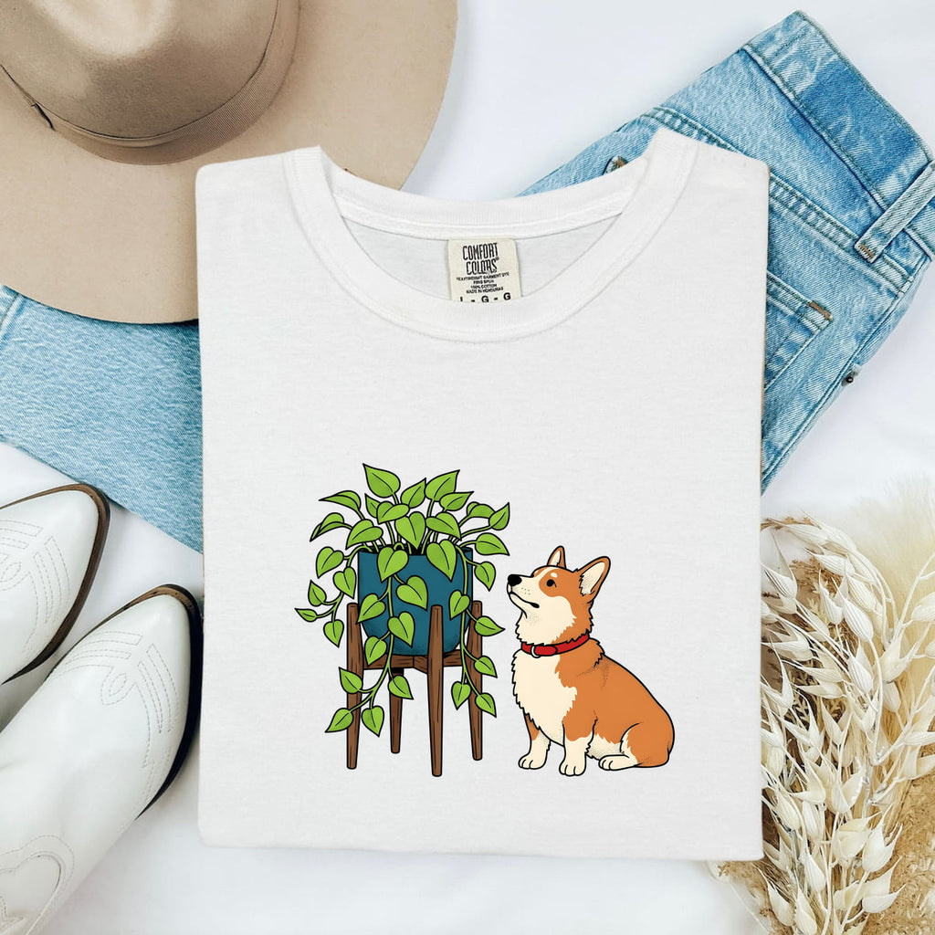 Corgi Shirt for Women – Cartoon Hand Drawn Botanical Houseplant Dog Graphic Tee
