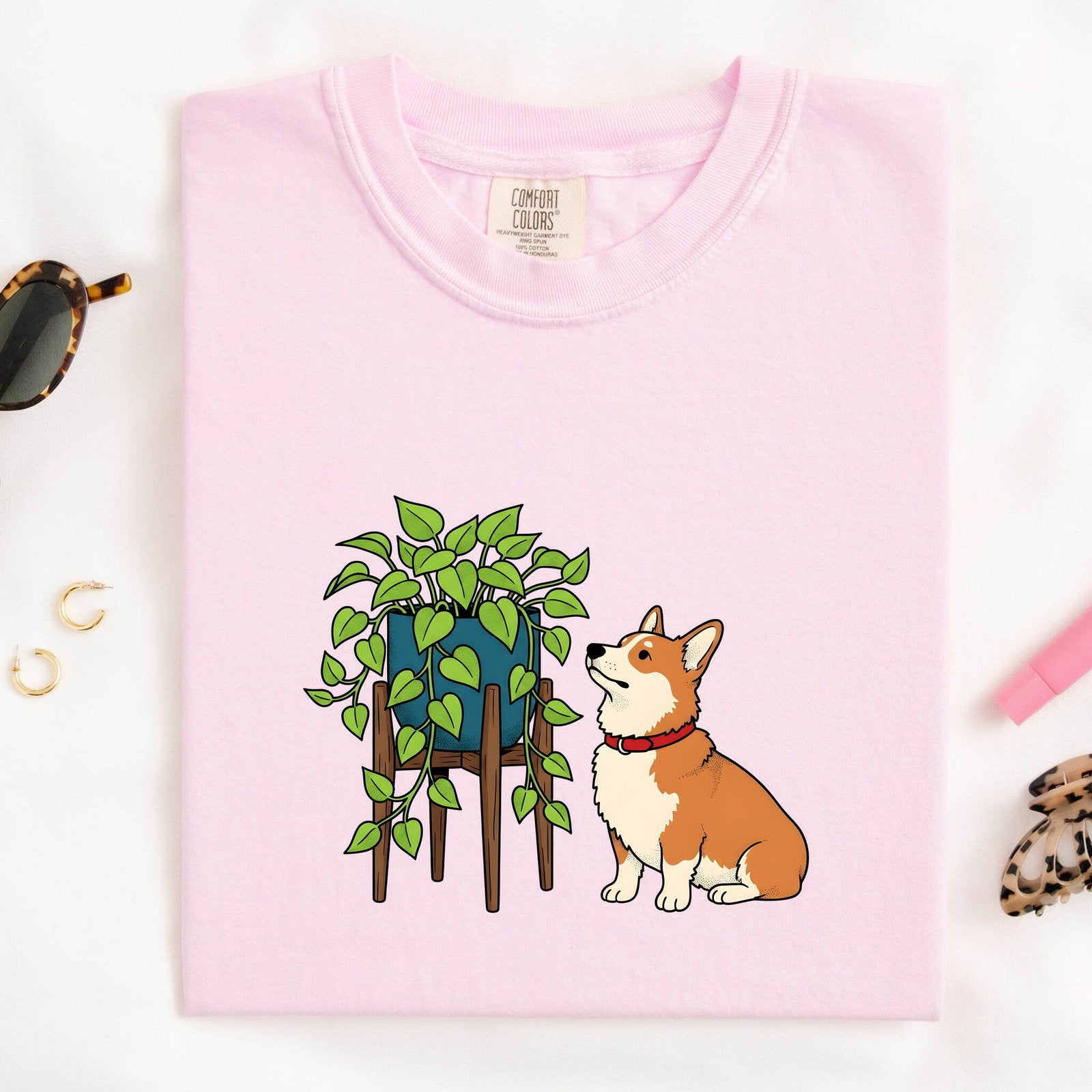 Corgi Shirt for Women – Cartoon Hand Drawn Botanical Houseplant Dog Graphic Tee