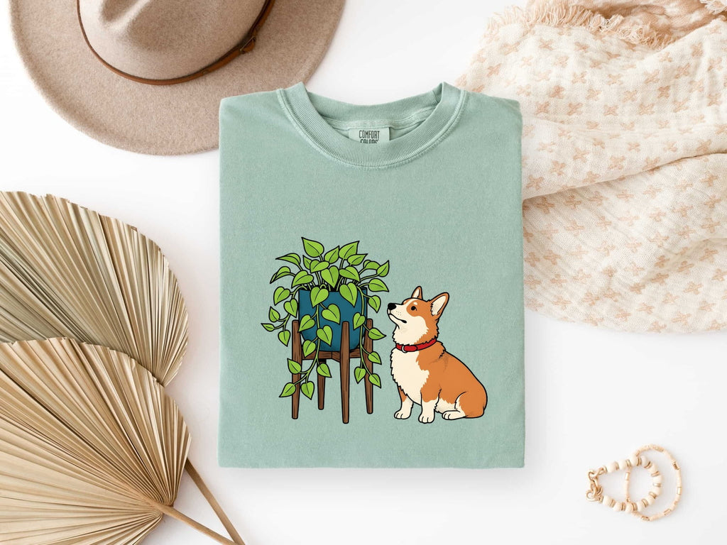 Corgi Shirt for Women – Cartoon Hand Drawn Botanical Houseplant Dog Graphic Tee