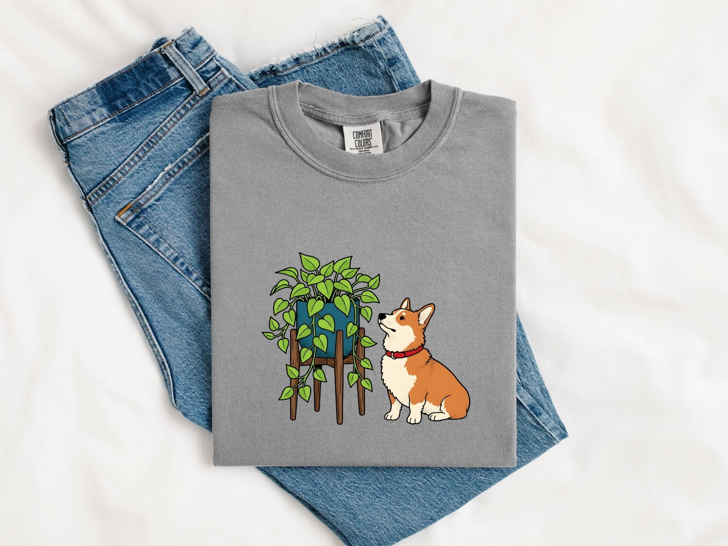 Corgi Shirt for Women – Cartoon Hand Drawn Botanical Houseplant Dog Graphic Tee