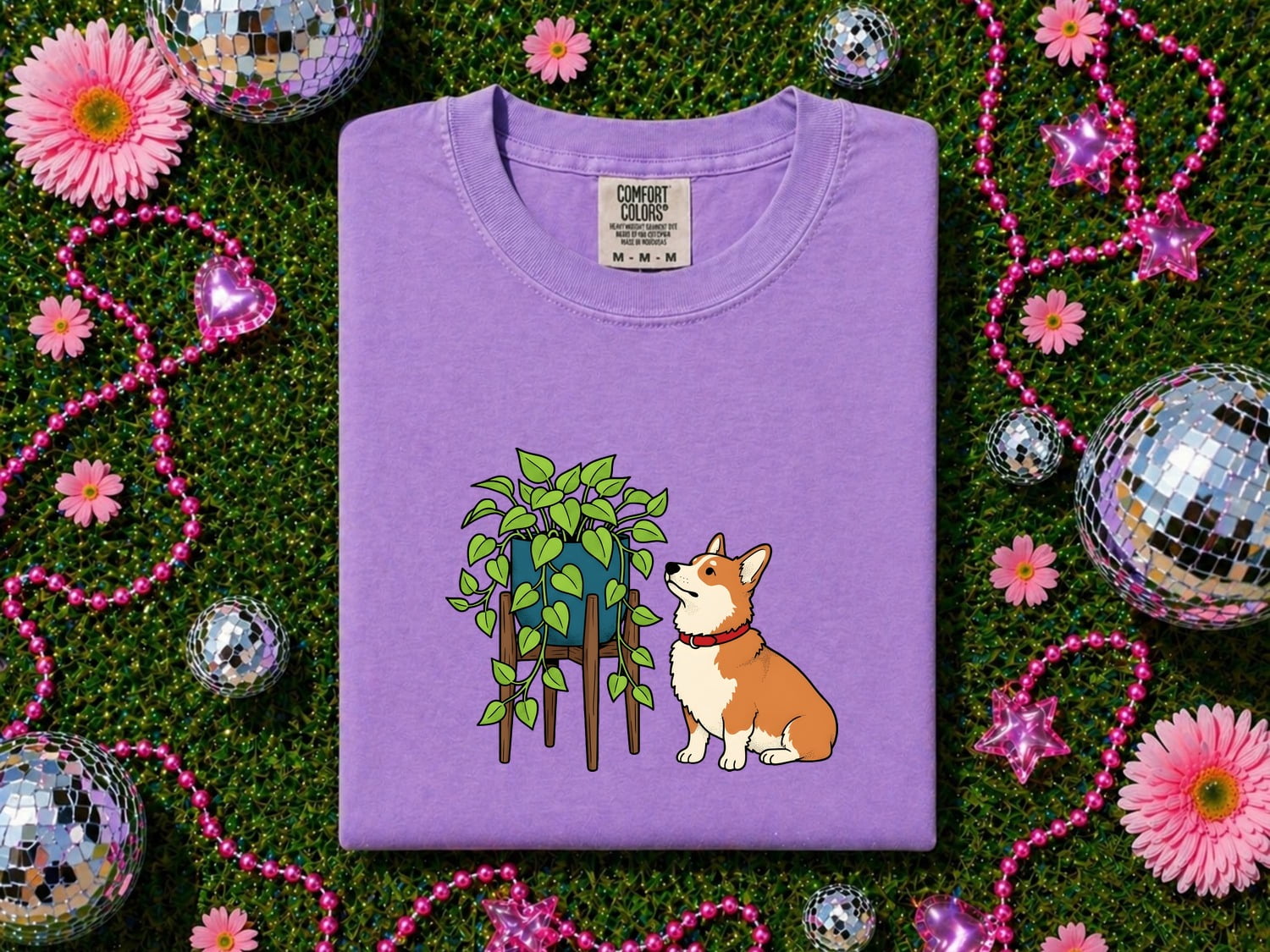 Corgi Shirt for Women – Cartoon Hand Drawn Botanical Houseplant Dog Graphic Tee