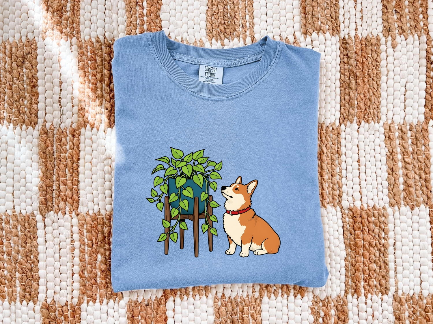 Corgi Shirt for Women – Cartoon Hand Drawn Botanical Houseplant Dog Graphic Tee
