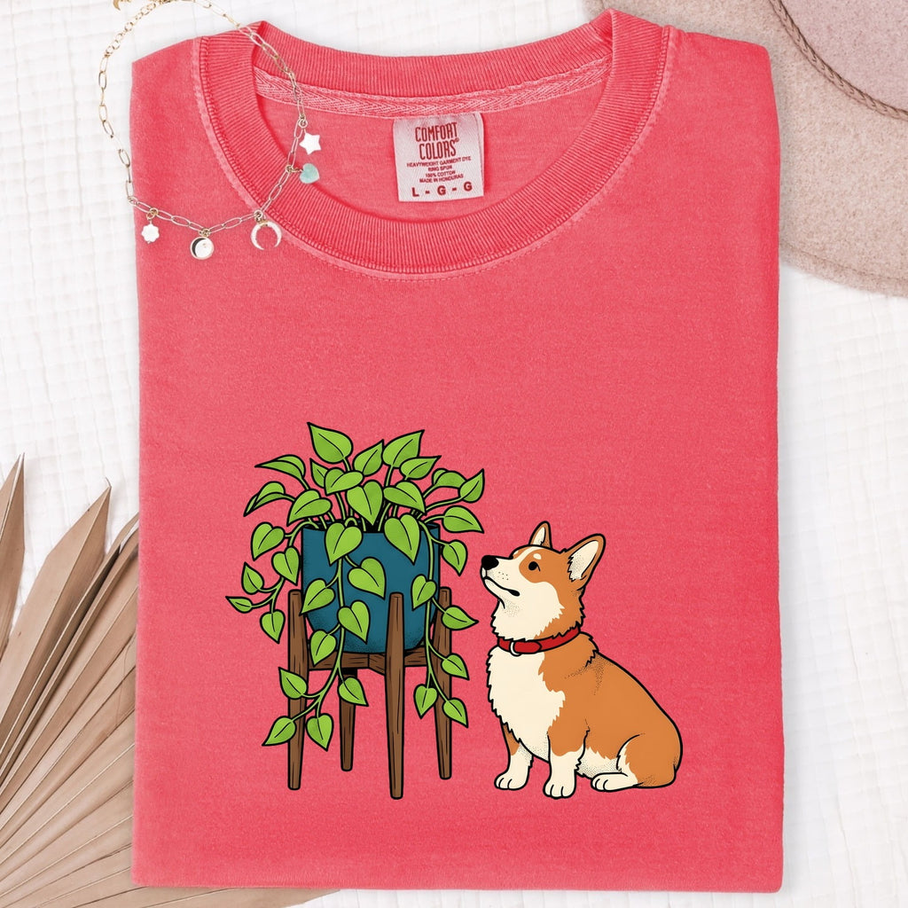 Corgi Shirt for Women – Cartoon Hand Drawn Botanical Houseplant Dog Graphic Tee