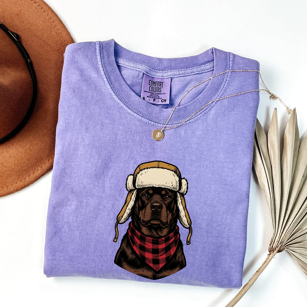 Rottweiler Shirt for Women – Vintage Hand Drawn Retro Adventure Trapper Hat Dog Graphic Tee