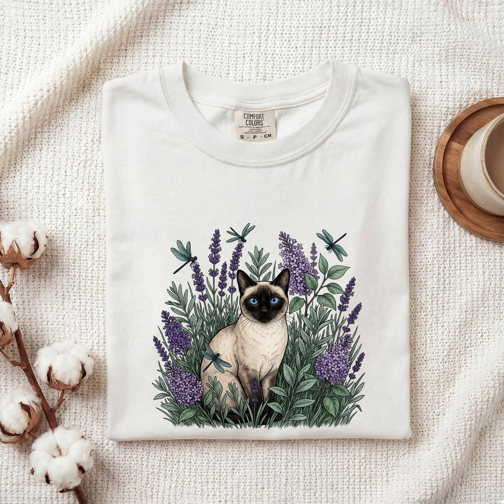 Siamese Cat Shirt for Women – Floral Garden Sketch Purple Flower Fancy Graphic Tee