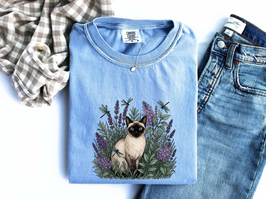 Siamese Cat Shirt for Women – Floral Garden Sketch Purple Flower Fancy Graphic Tee