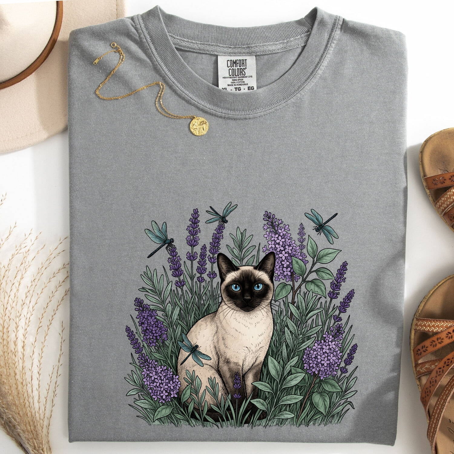 Siamese Cat Shirt for Women – Floral Garden Sketch Purple Flower Fancy Graphic Tee