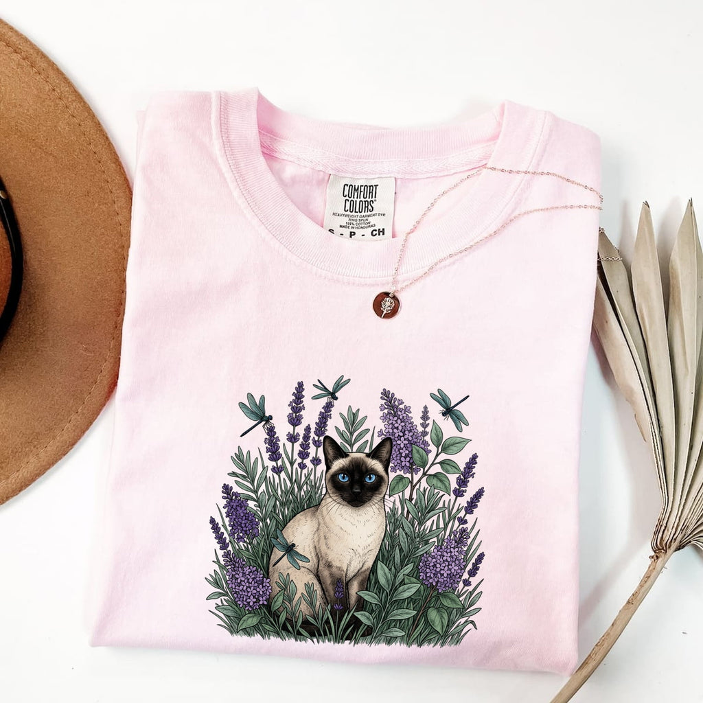 Siamese Cat Shirt for Women – Floral Garden Sketch Purple Flower Fancy Graphic Tee