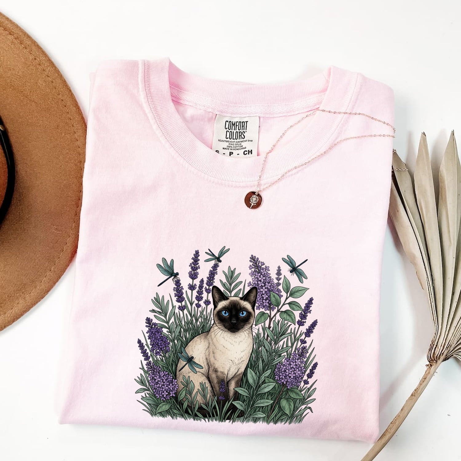 Siamese Cat Shirt for Women – Floral Garden Sketch Purple Flower Fancy Graphic Tee