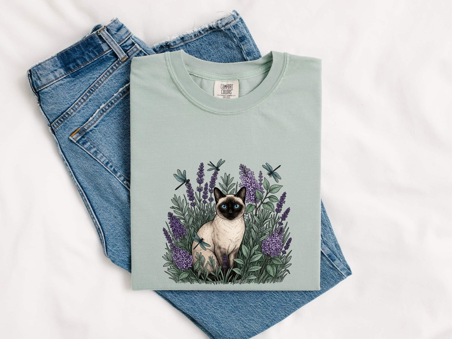 Siamese Cat Shirt for Women – Floral Garden Sketch Purple Flower Fancy Graphic Tee