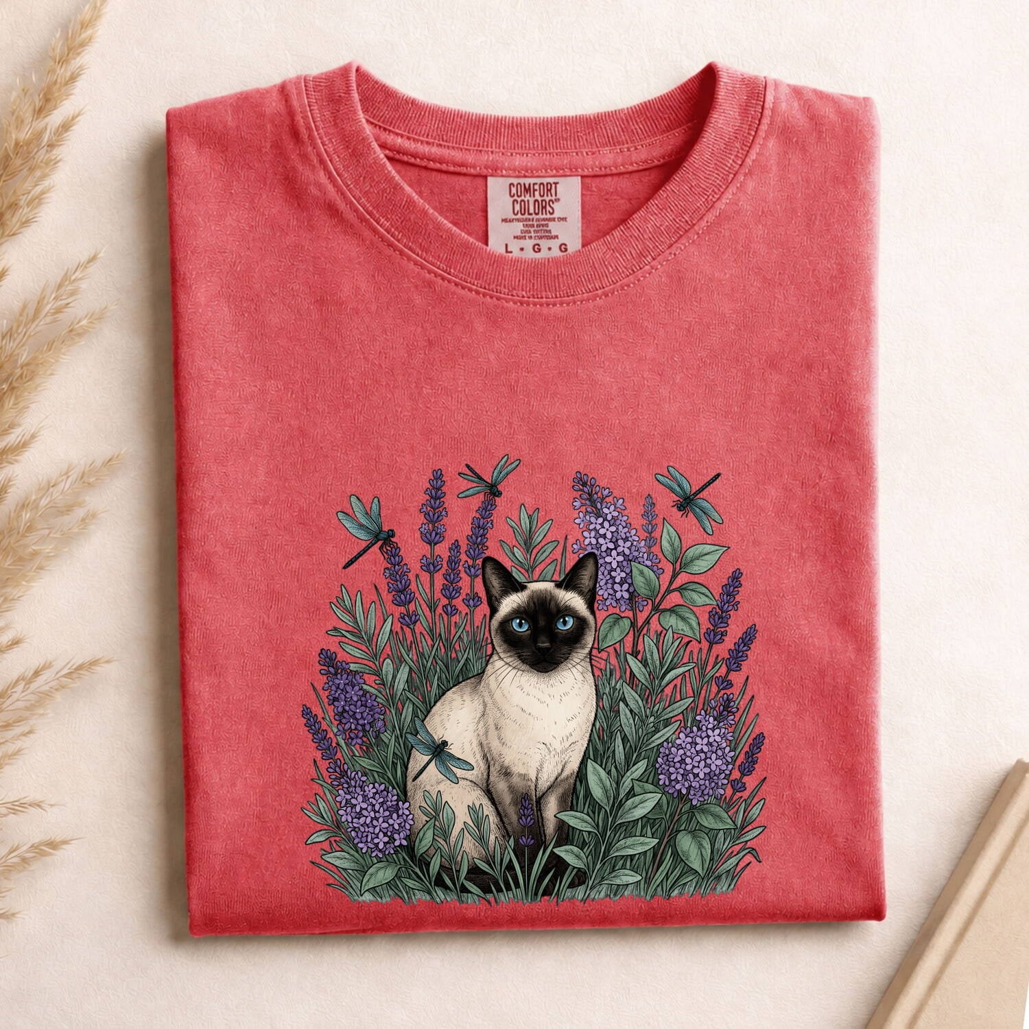 Siamese Cat Shirt for Women – Floral Garden Sketch Purple Flower Fancy Graphic Tee