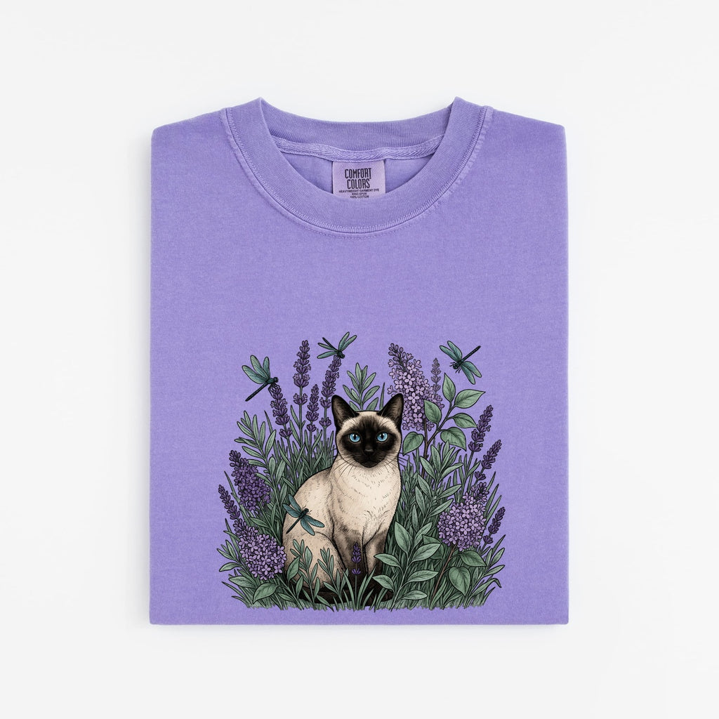 Siamese Cat Shirt for Women – Floral Garden Sketch Purple Flower Fancy Graphic Tee