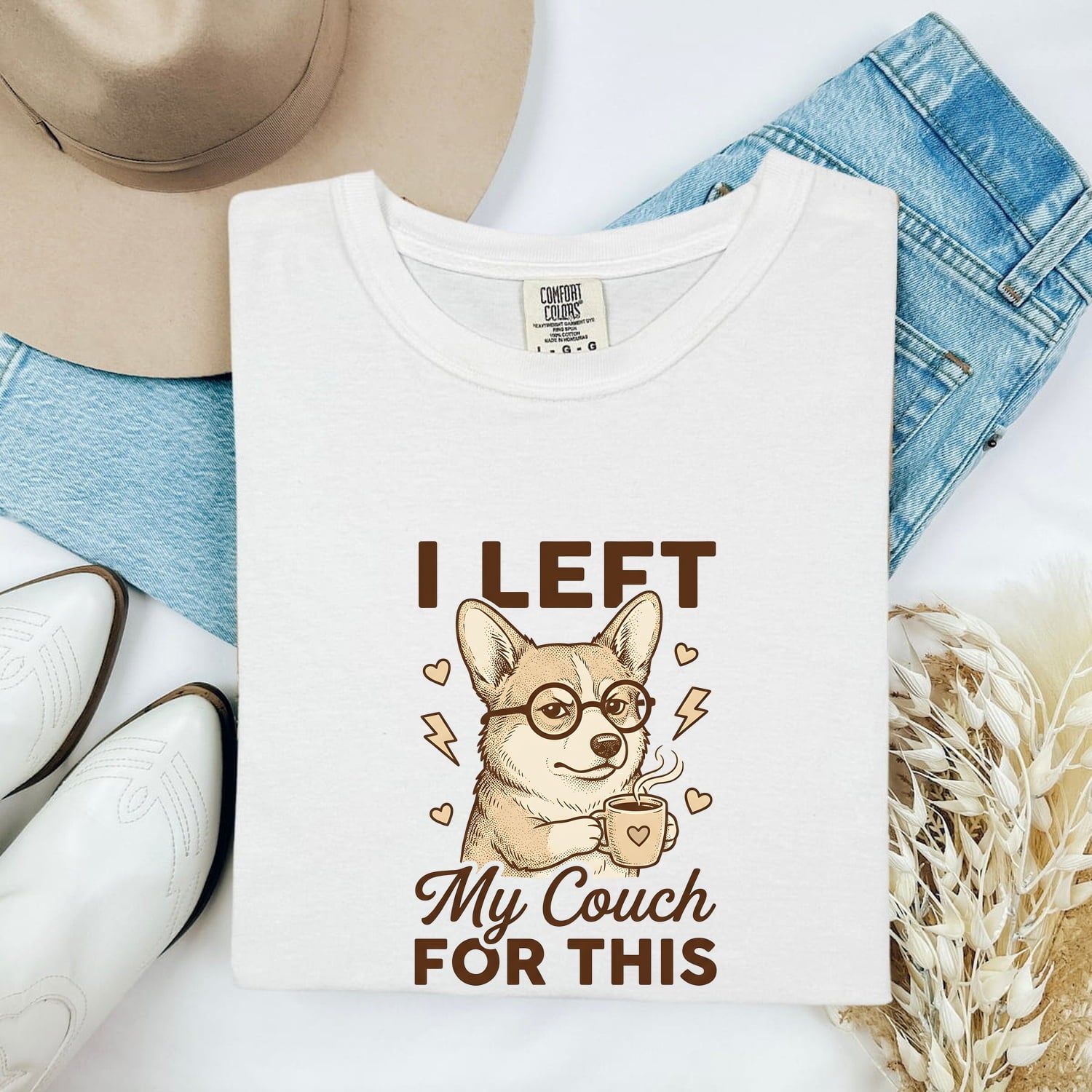 Corgi Shirt for Women – Cute Mocha Line Art Simple Coffee Illustration Graphic Tee