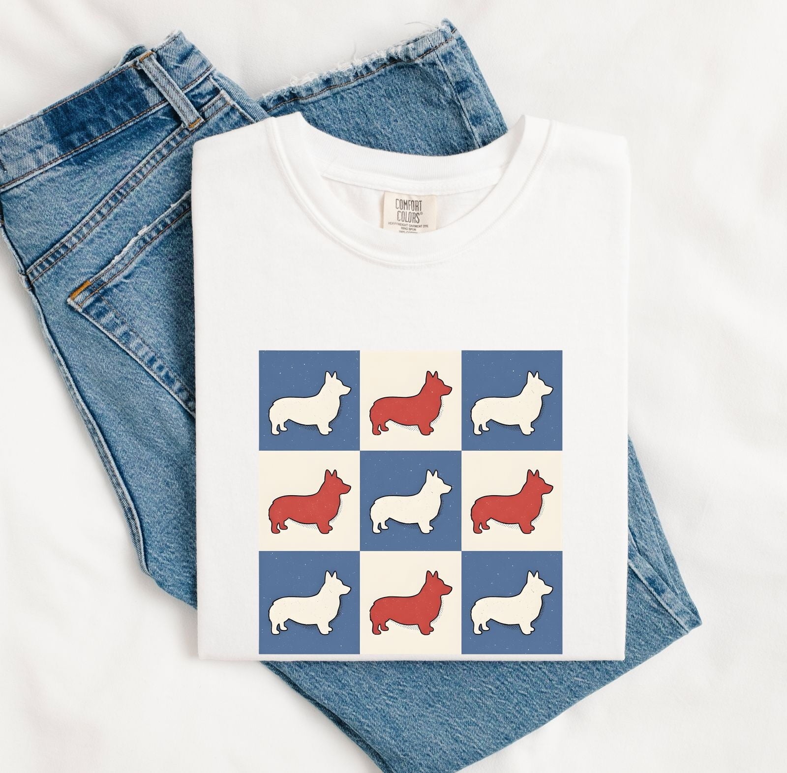 Corgi Shirt for Women – Funny Patriotic Vintage Checkered Comic Puppy Graphic Tee
