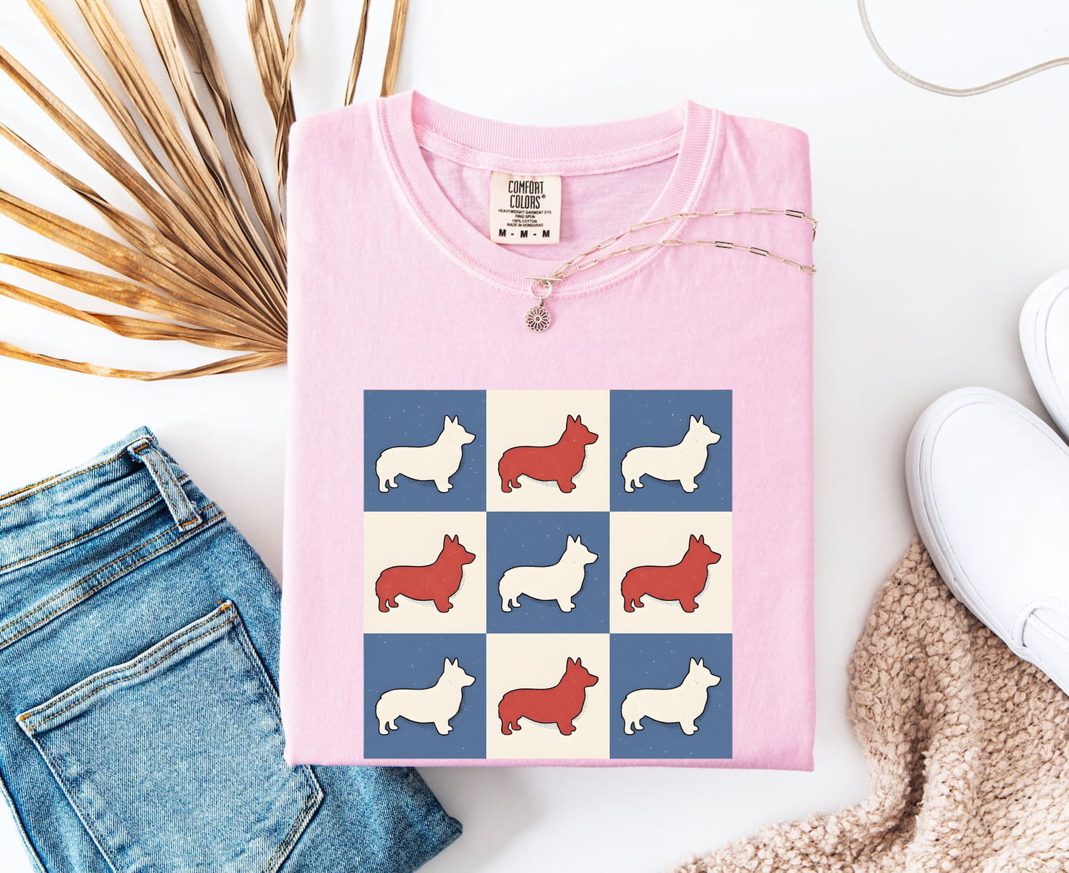 Corgi Shirt for Women – Funny Patriotic Vintage Checkered Comic Puppy Graphic Tee
