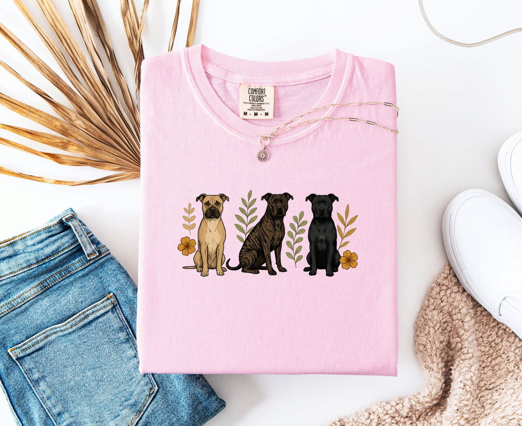 Pitbull Shirt for Women – Hand Drawn Vintage Flowers Wildlife Pibble Dog Graphic Tee