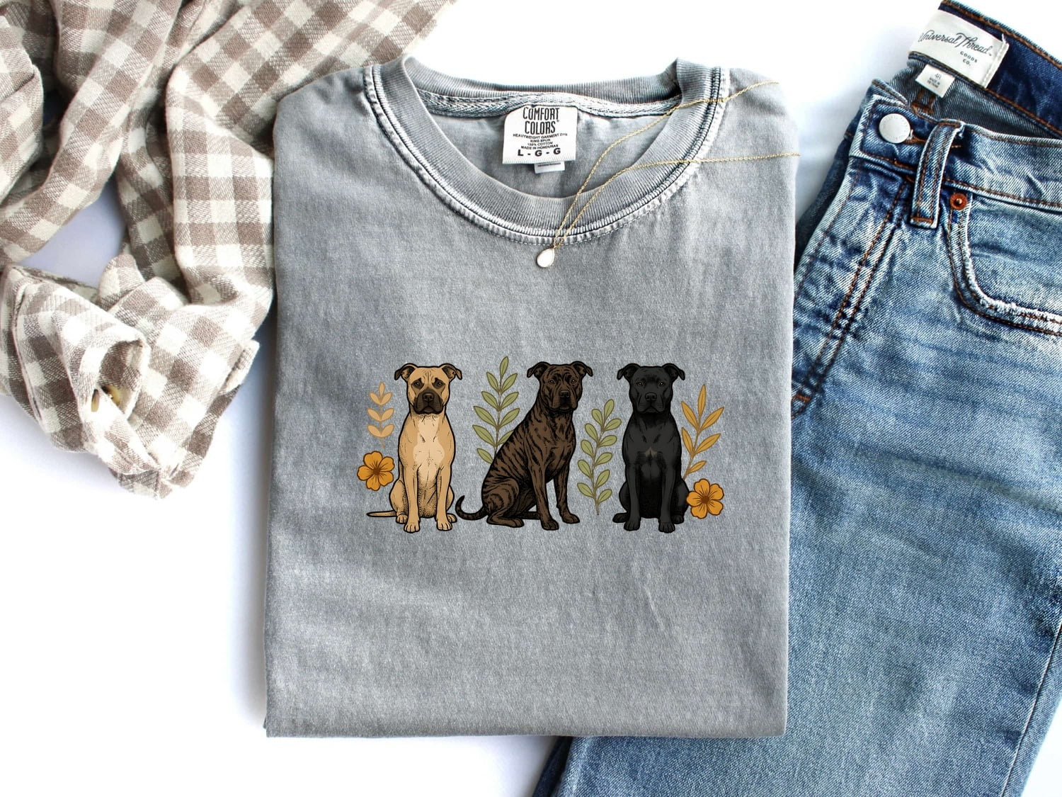 Pitbull Shirt for Women – Hand Drawn Vintage Flowers Wildlife Pibble Dog Graphic Tee