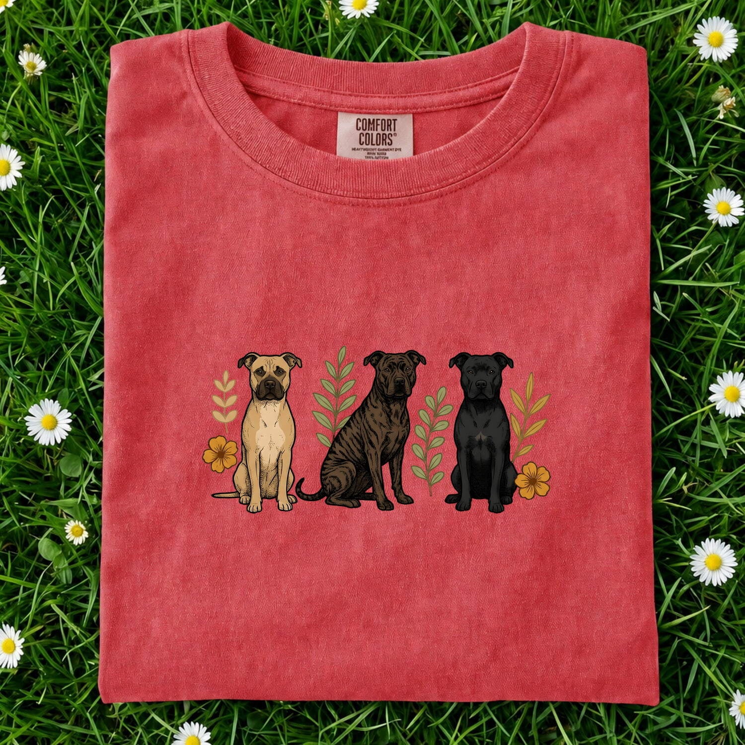 Pitbull Shirt for Women – Hand Drawn Vintage Flowers Wildlife Pibble Dog Graphic Tee