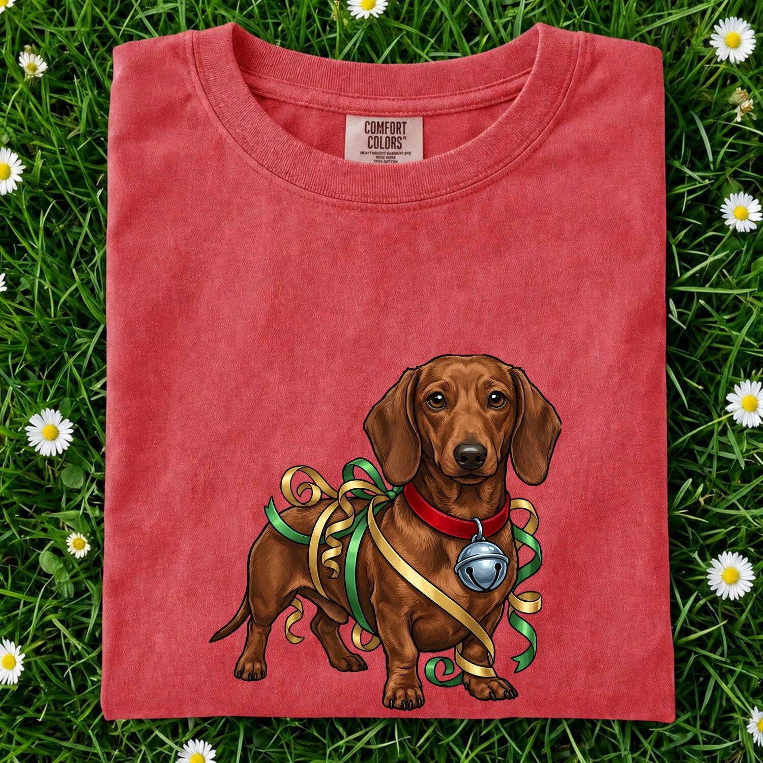 Christmas Dachshund Shirt for Women – Vintage Cartoon Holiday Ribbon Wiener Dog Graphic Tee