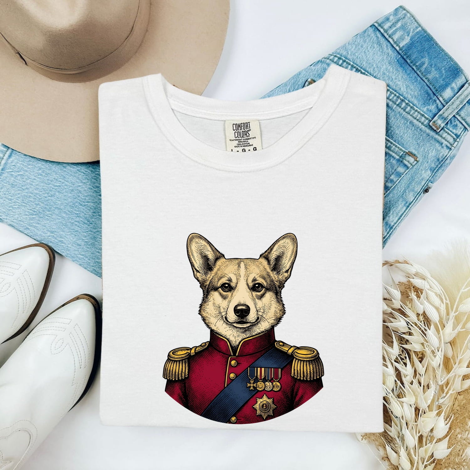 Corgi Portrait Shirt for Women – Vintage Hand Drawn Royalty Monarch Medals Dog Graphic Tee