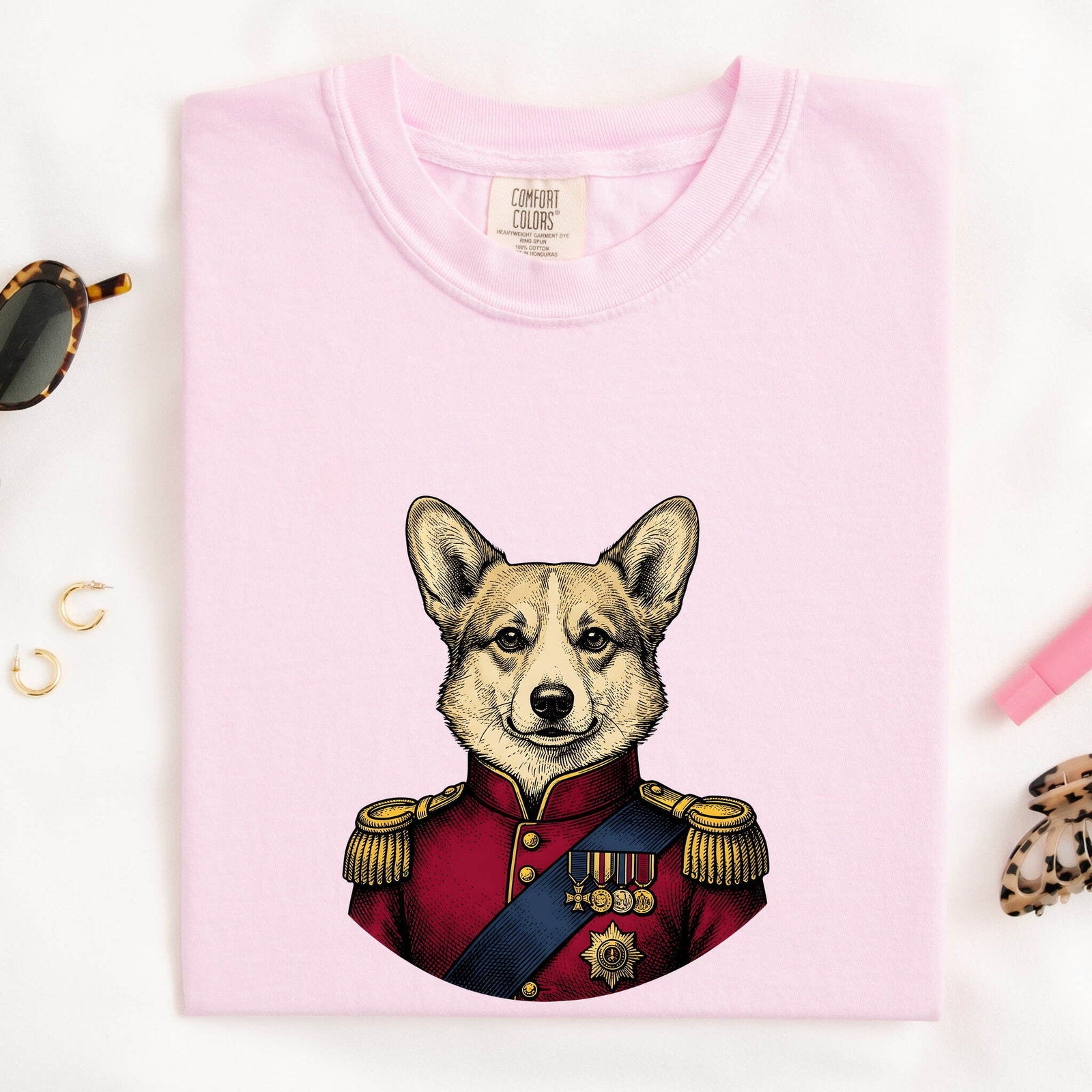Corgi Portrait Shirt for Women – Vintage Hand Drawn Royalty Monarch Medals Dog Graphic Tee