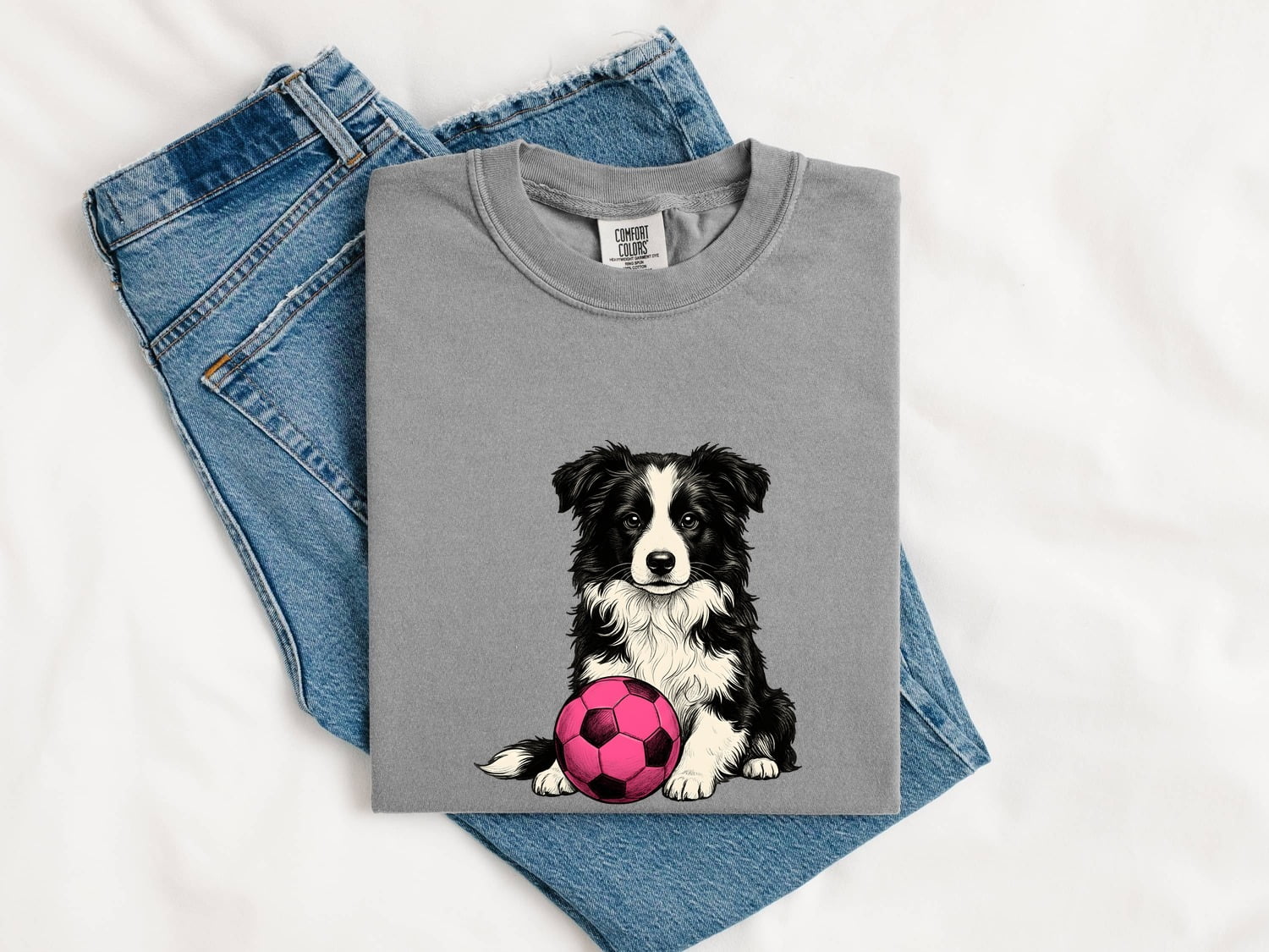 Border Collie Shirt for Women – Retro Sketch Soccer Ball Athletics Drawing Dog Graphic Tee
