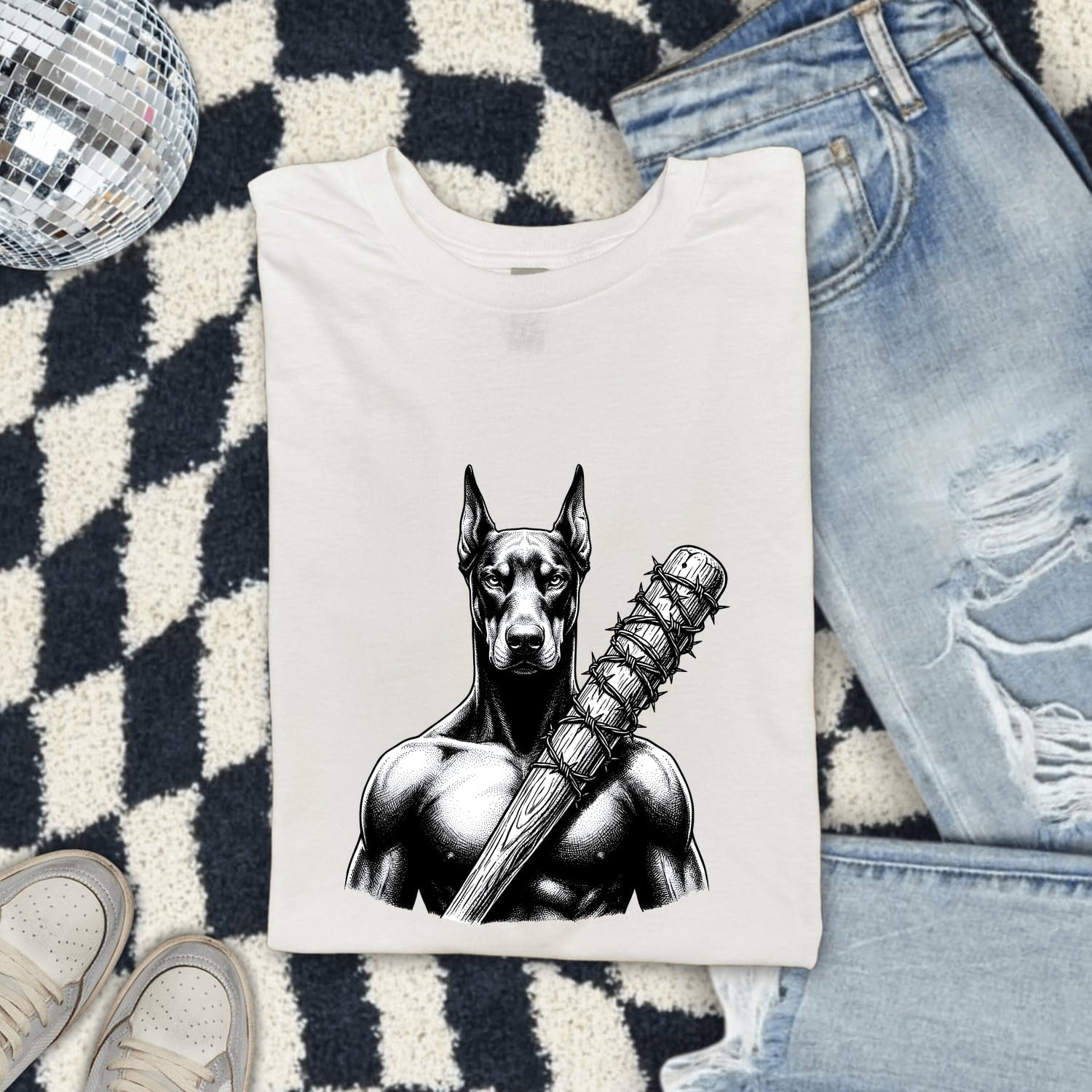 Doberman Shirt for Women – Badass Blackwork Vintage Spiked Bat Tattoo Dog Graphic Tee
